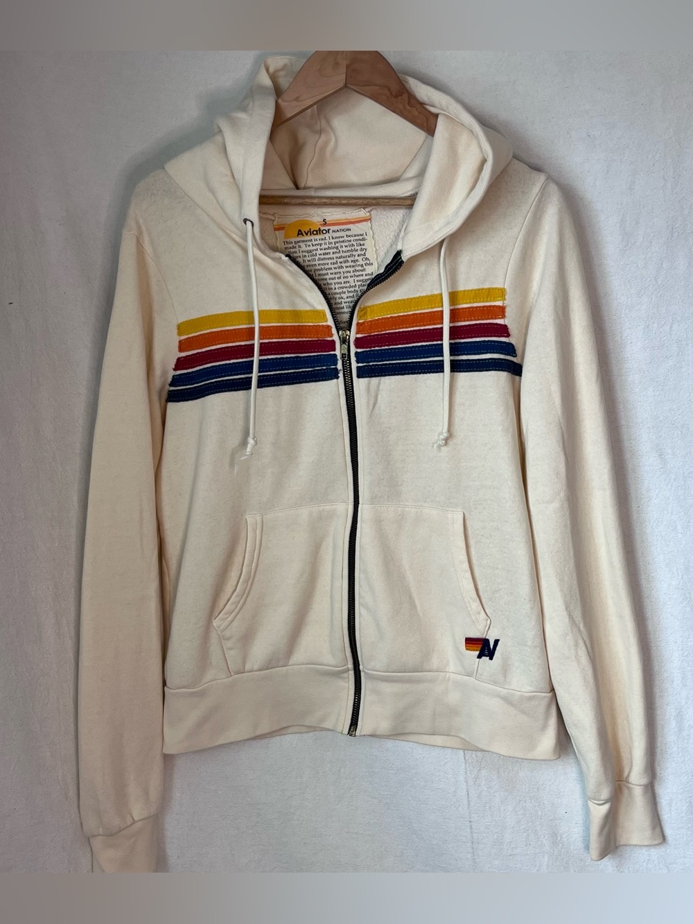 Aviator Nation 5 Stripe Full Zip Hoodie Vintage White Cream Rainbow Women's S